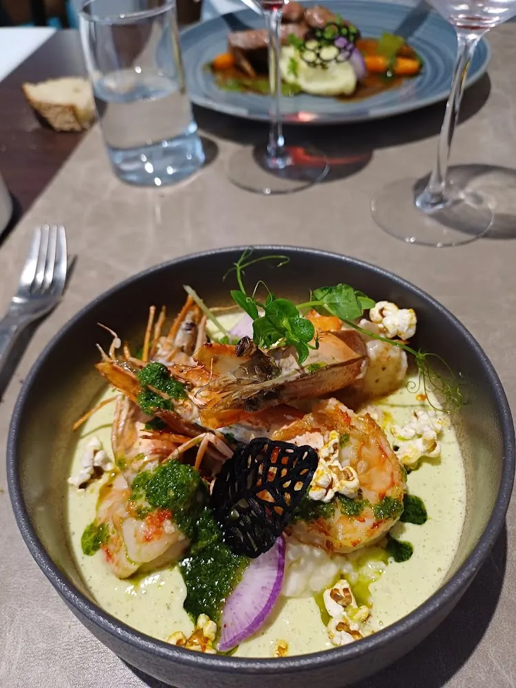 Risotto de Gambas Velouté de Courgettes Pop Corn Au Piment d'Espelette